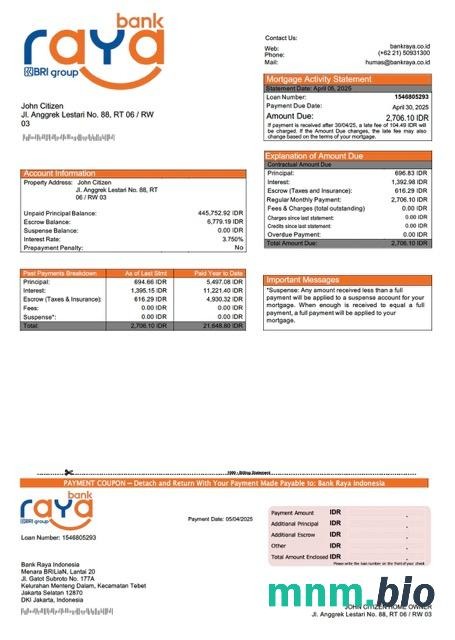 Indonezja Bank Raya Indonesia wyciąg z kredytu hipotecznego szablon Word i PDF